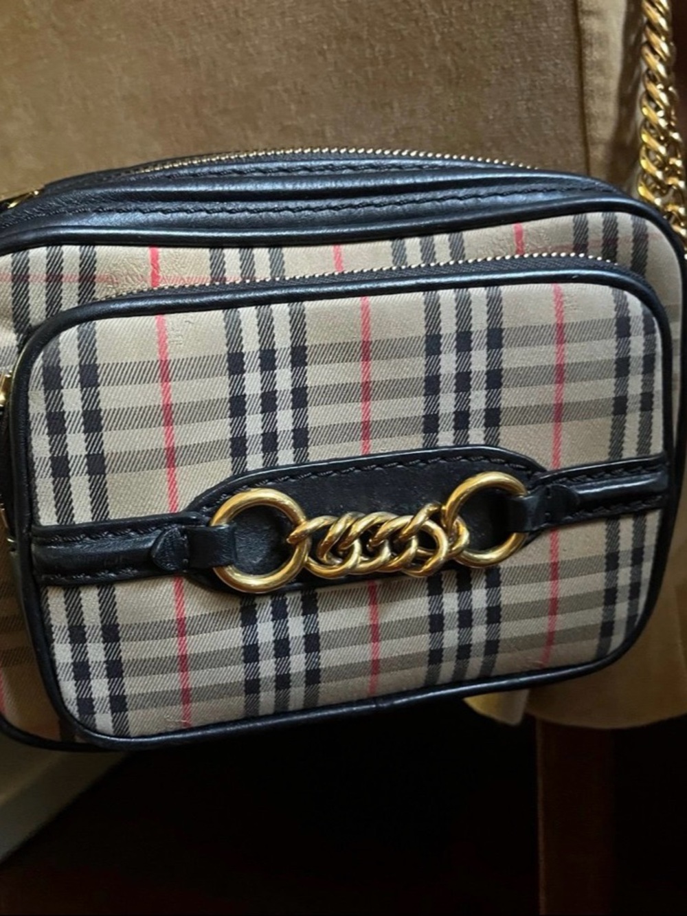 Authentic Burberry Crossbody Bag with Gold Chain Accent - Black Trim